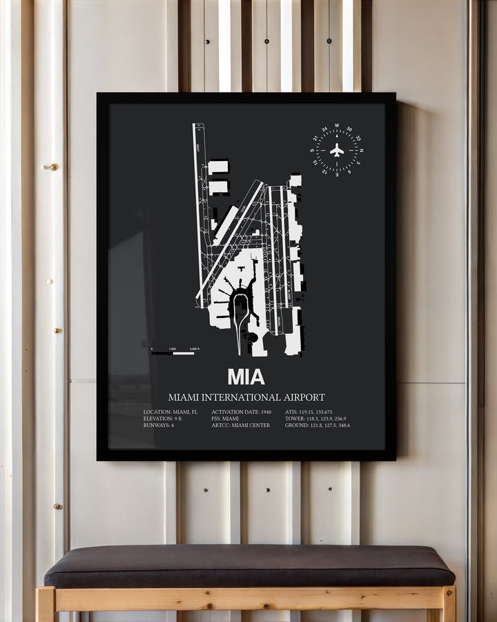 Framed Detailed Airport Map of Miami International Airport (MIA) in Gray with a Black Frame