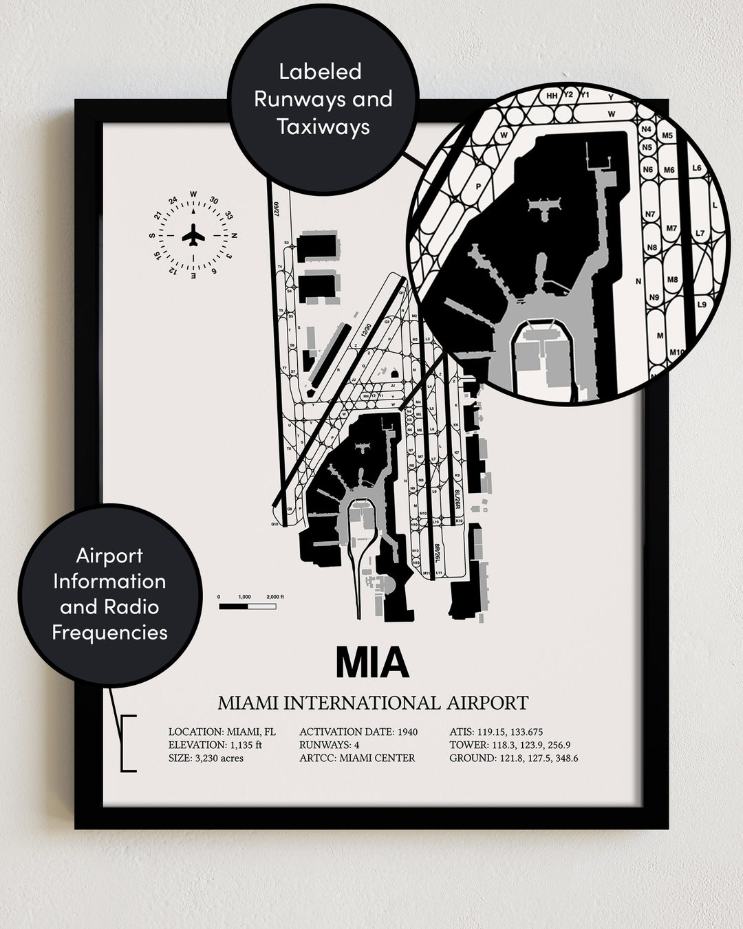 Framed Detailed Airport Map of Miami International Airport (MIA) in White with a Black Frame