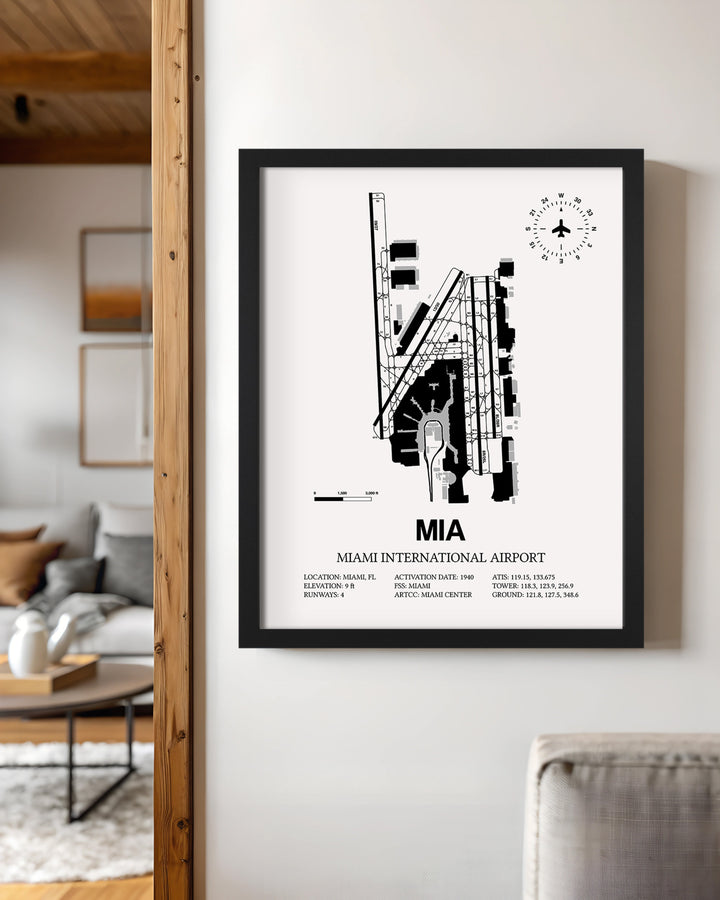 Framed Detailed Airport Map of Miami International Airport (MIA) in White with a Black Frame