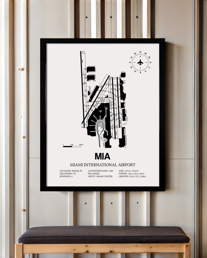 Framed Detailed Airport Map of Miami International Airport (MIA) in White with a Black Frame