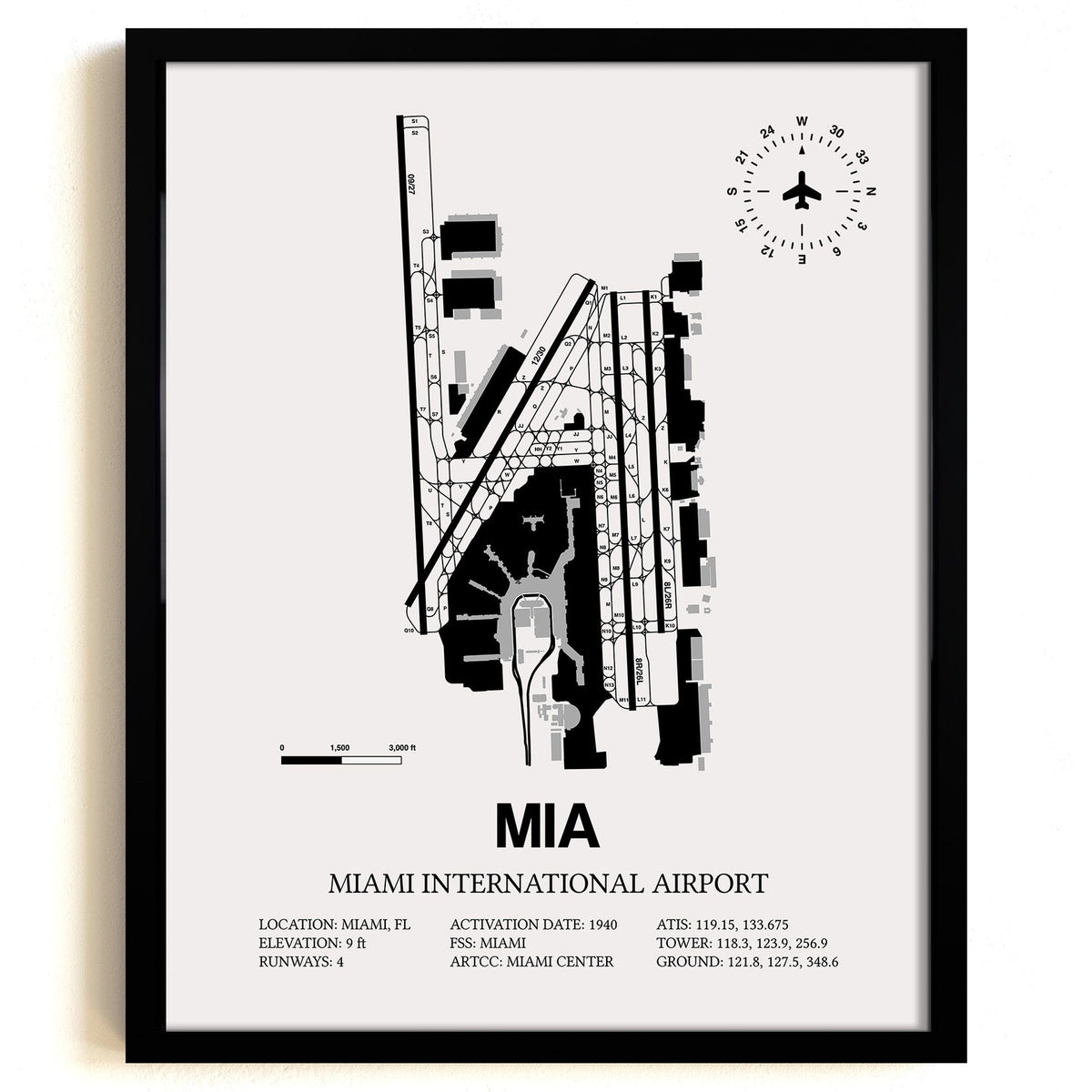 Framed Detailed Airport Map of Miami International Airport (MIA) in White with a Black Frame