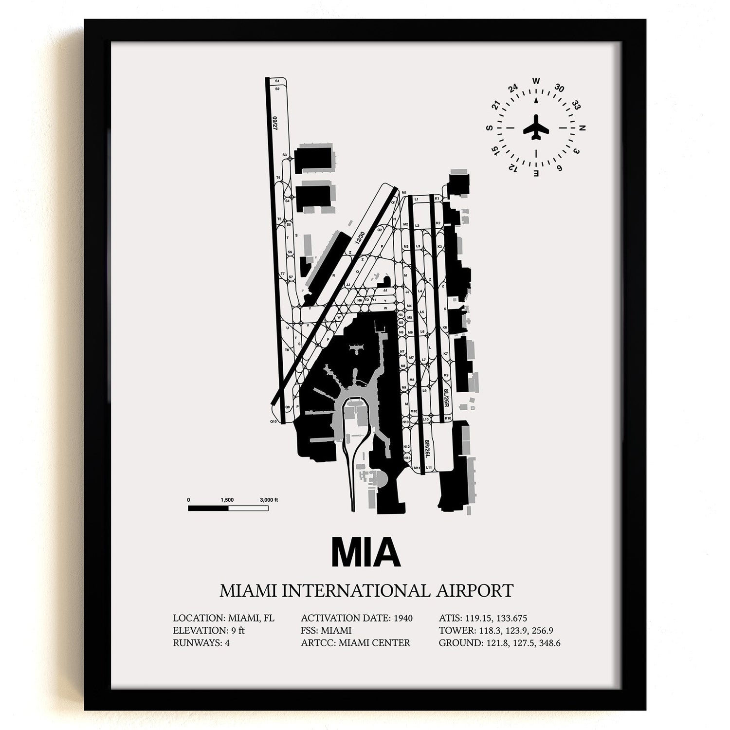 Framed Detailed Airport Map of Miami International Airport (MIA) in White with a Black Frame