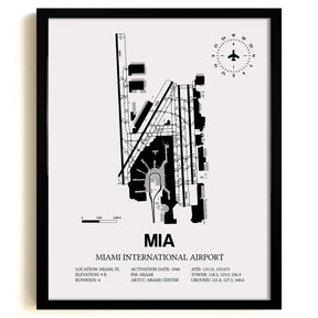 Framed Detailed Airport Map of Miami International Airport (MIA) in White with a Black Frame