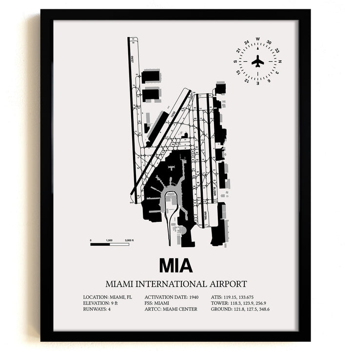 Framed Detailed Airport Map of Miami International Airport (MIA) in White with a Black Frame