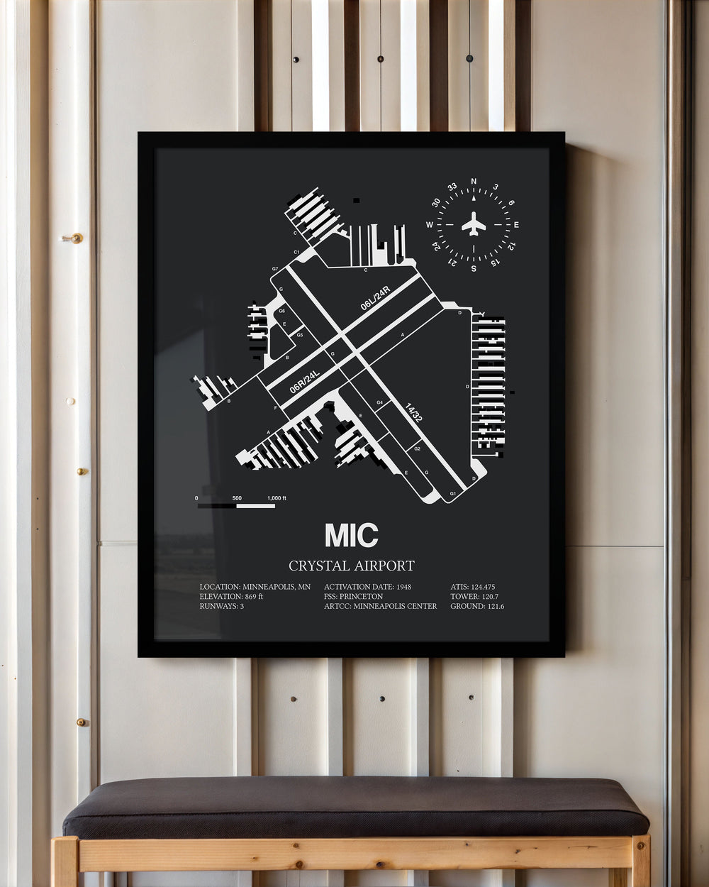 Framed Detailed Airport Map of Crystal Airport (MIC) in Gray with a Black Frame