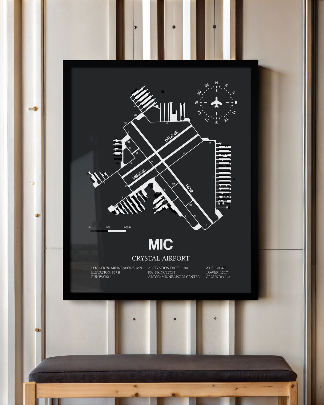 Framed Detailed Airport Map of Crystal Airport (MIC) in Gray with a Black Frame