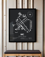 Framed Detailed Airport Map of Crystal Airport (MIC) in Gray with a Black Frame