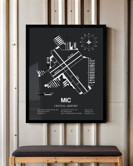 Framed Detailed Airport Map of Crystal Airport (MIC) in Gray with a Black Frame