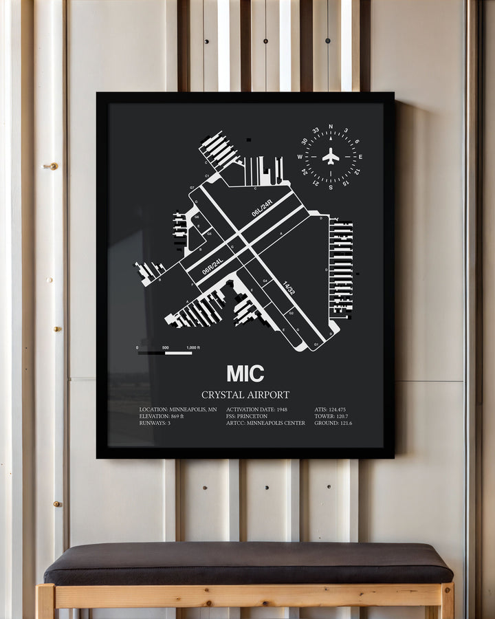 Framed Detailed Airport Map of Crystal Airport (MIC) in Gray with a Black Frame