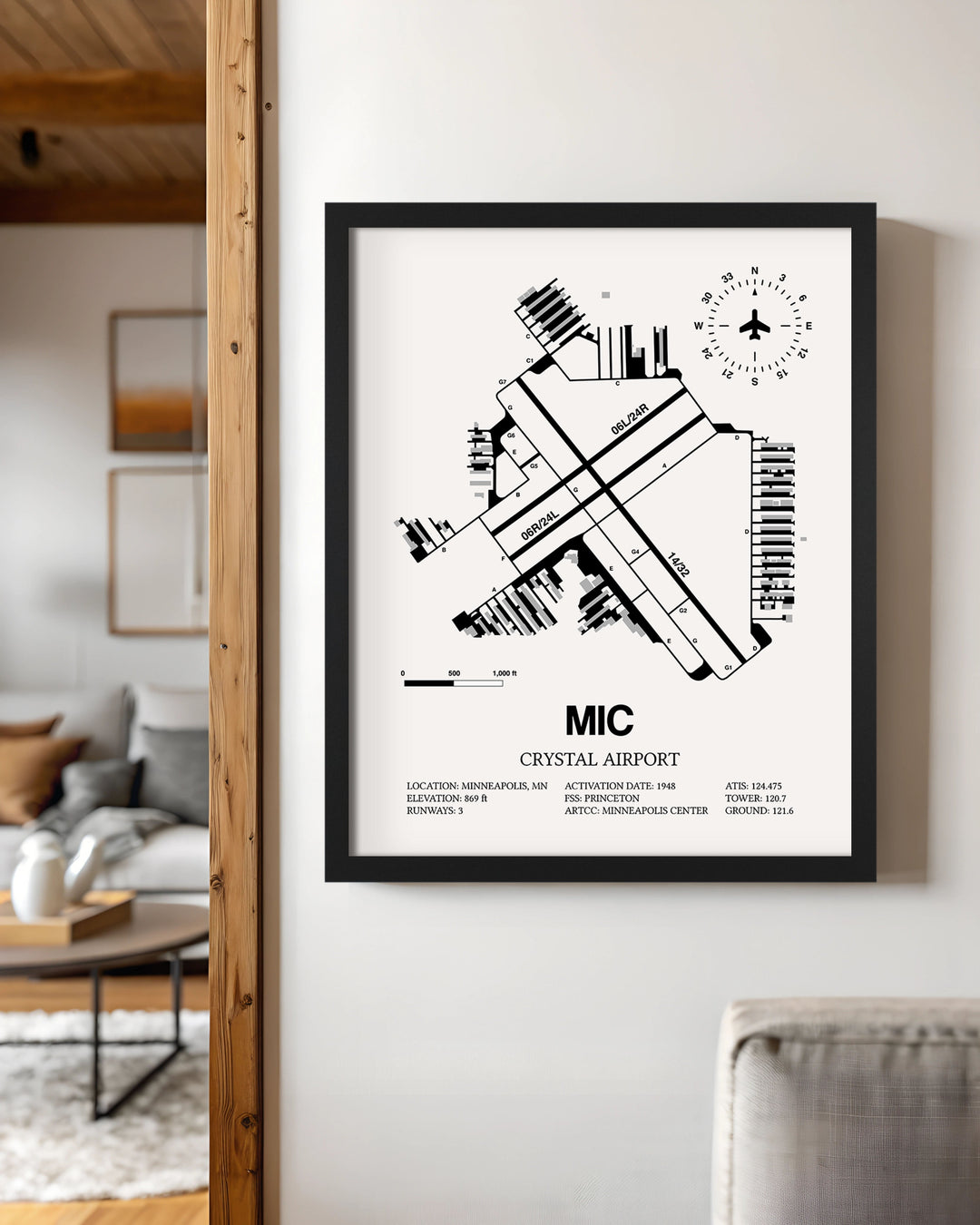 Framed Detailed Airport Map of Crystal Airport (MIC) in White with a Black Frame