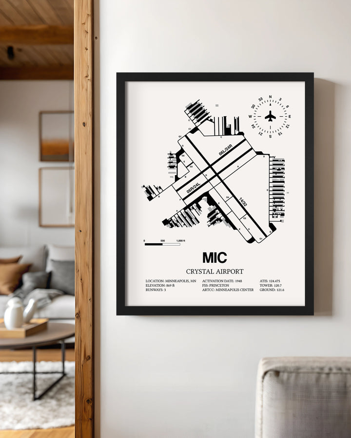 Framed Detailed Airport Map of Crystal Airport (MIC) in White with a Black Frame
