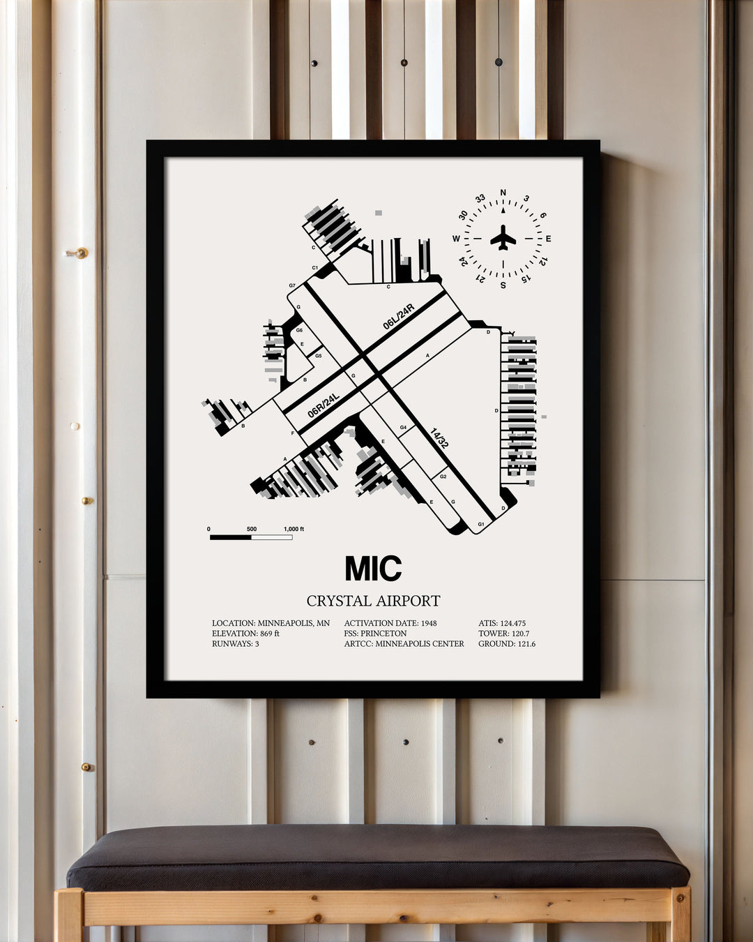 Framed Detailed Airport Map of Crystal Airport (MIC) in White with a Black Frame