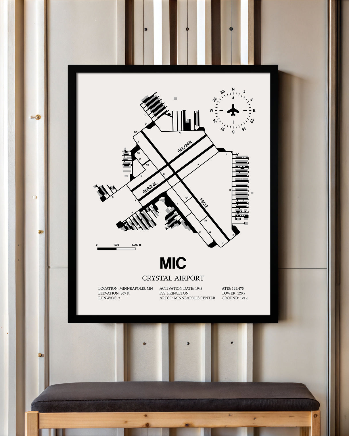 Framed Detailed Airport Map of Crystal Airport (MIC) in White with a Black Frame