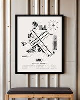 Framed Detailed Airport Map of Crystal Airport (MIC) in White with a Black Frame