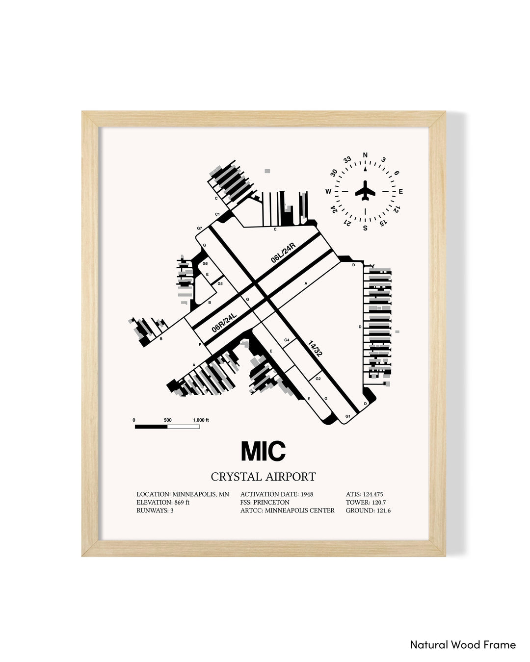 Detailed Airport Map of Crystal Airport (MIC) in White with a Natural Frame