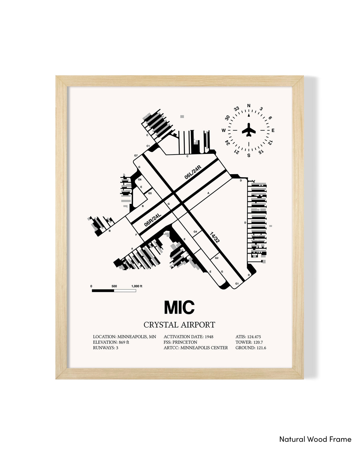 Detailed Airport Map of Crystal Airport (MIC) in White with a Natural Frame