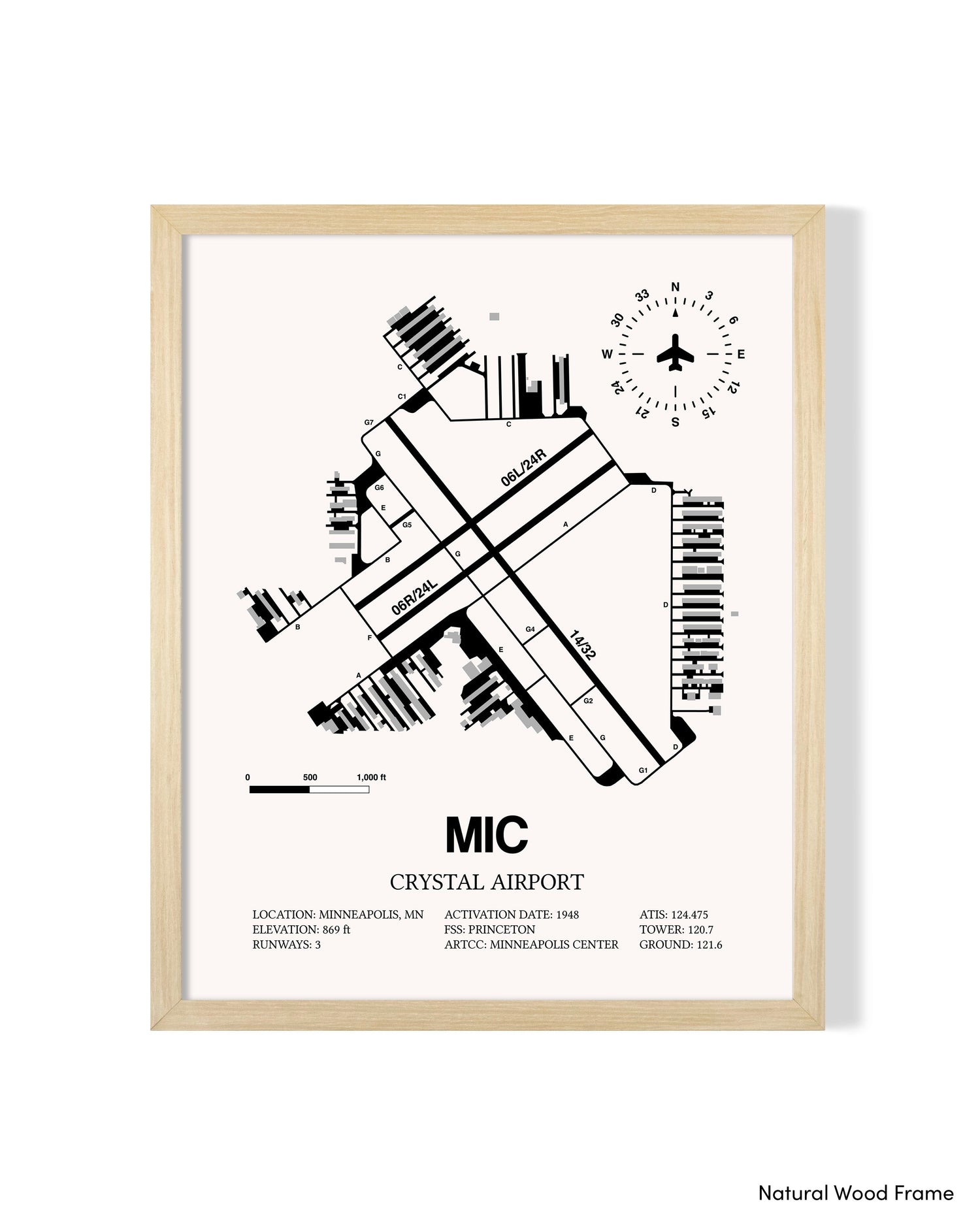 Detailed Airport Map of Crystal Airport (MIC) in White with a Natural Frame