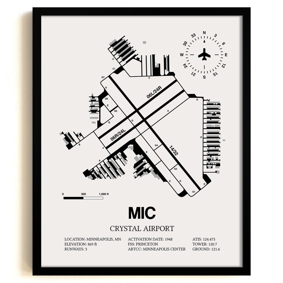 Framed Detailed Airport Map of Crystal Airport (MIC) in White with a Black Frame