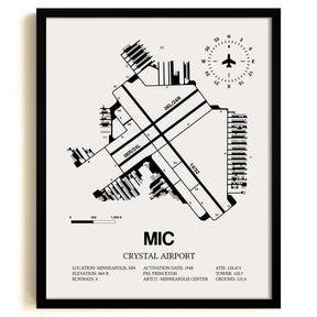 Framed Detailed Airport Map of Crystal Airport (MIC) in White with a Black Frame