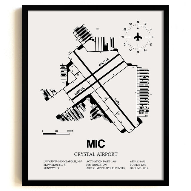 Framed Detailed Airport Map of Crystal Airport (MIC) in White with a Black Frame