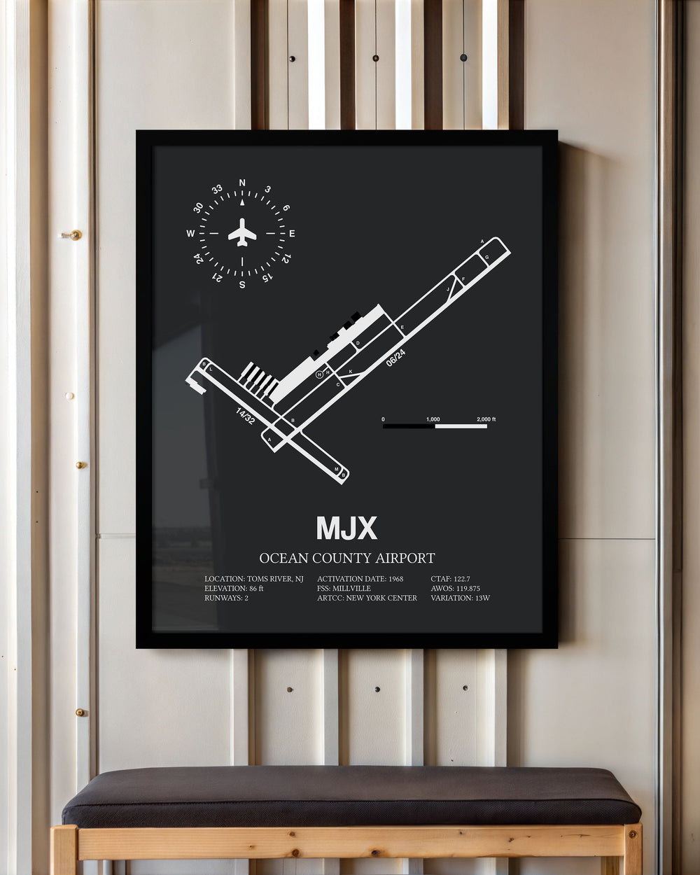 Framed Detailed Airport Map of Ocean County Airport (MJX) in Gray with a Black Frame