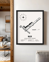 Framed Detailed Airport Map of Ocean County Airport (MJX) in White with a Black Frame