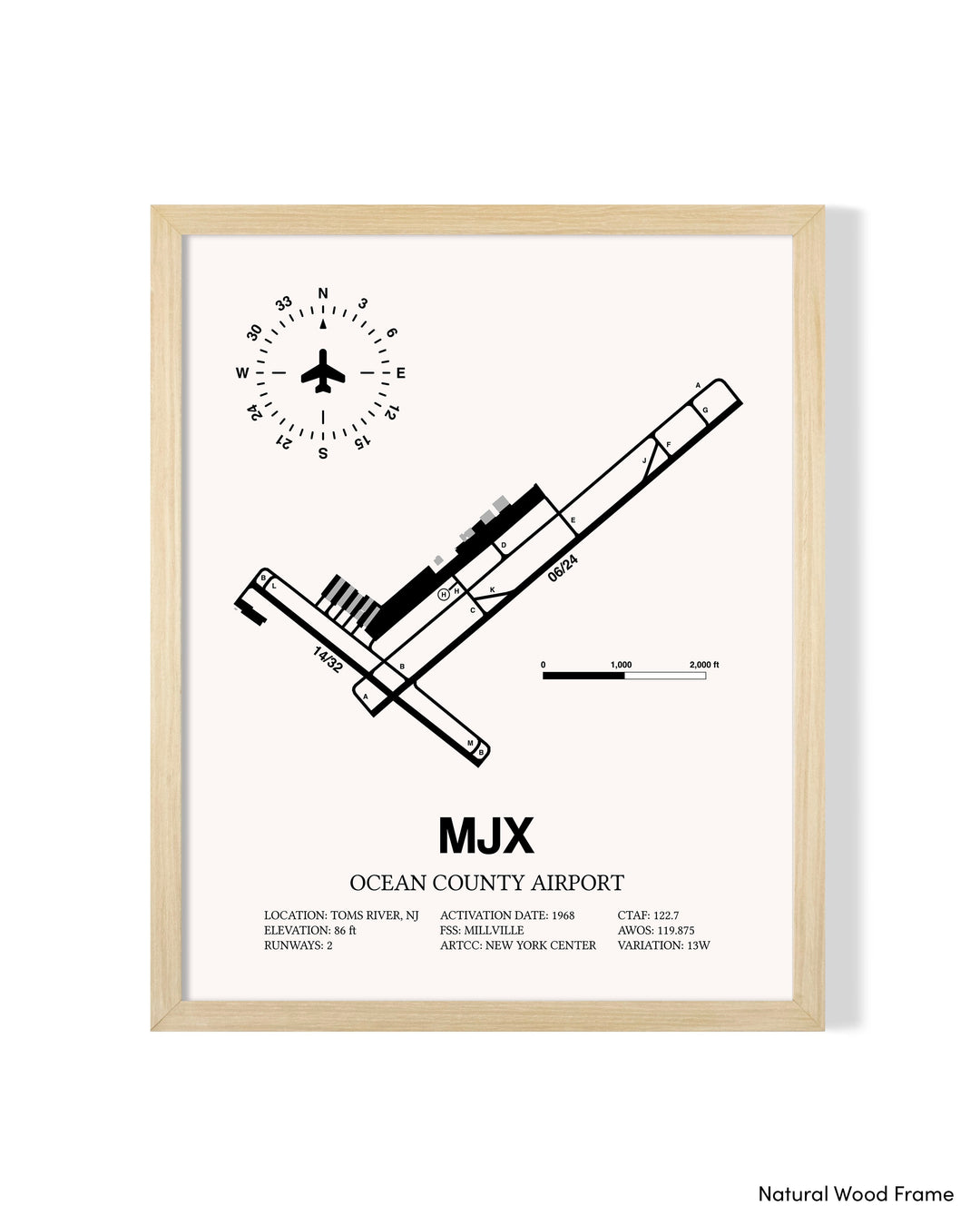 Detailed Airport Map of Ocean County Airport (MJX) in White with a Natural Frame