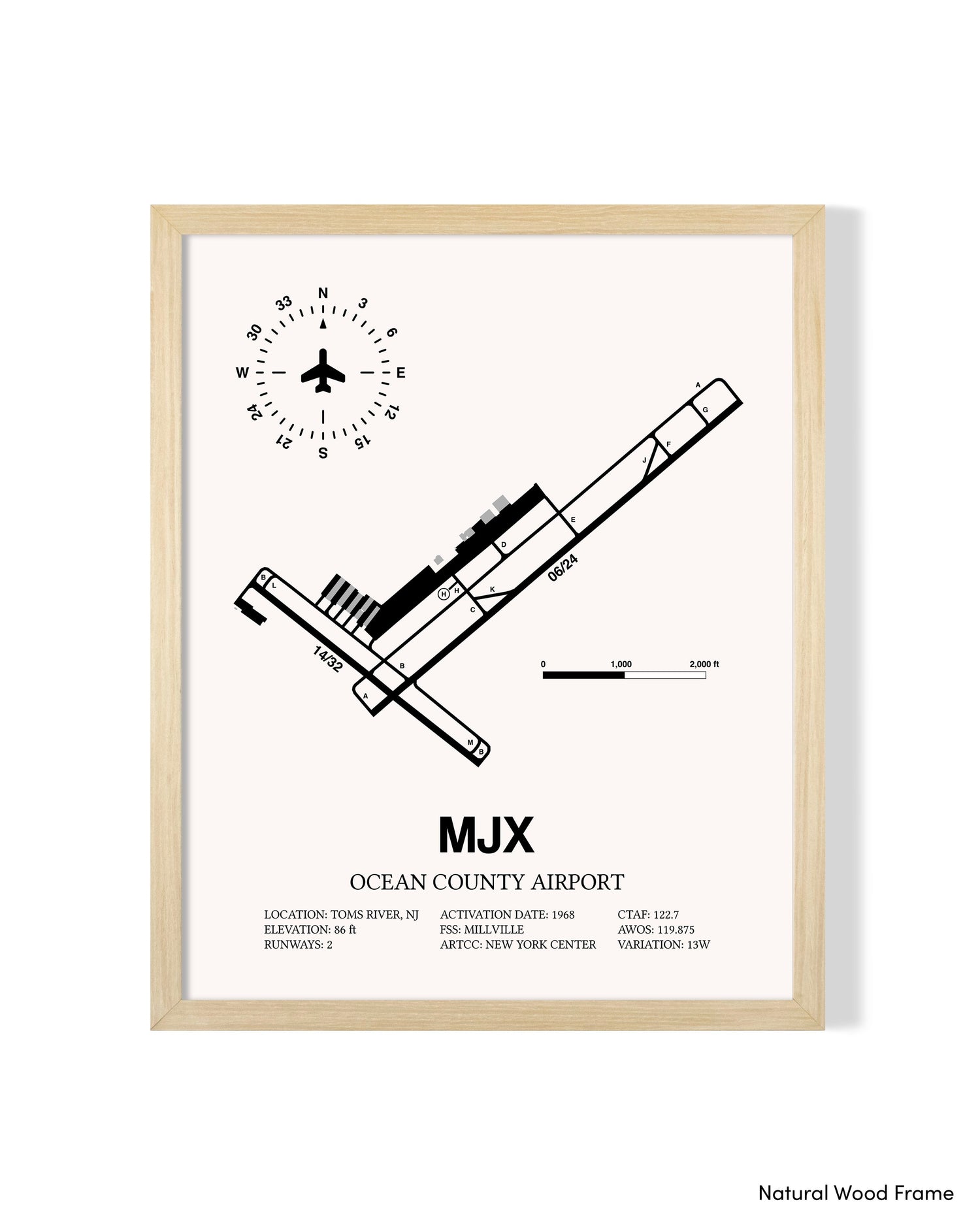 Detailed Airport Map of Ocean County Airport (MJX) in White with a Natural Frame