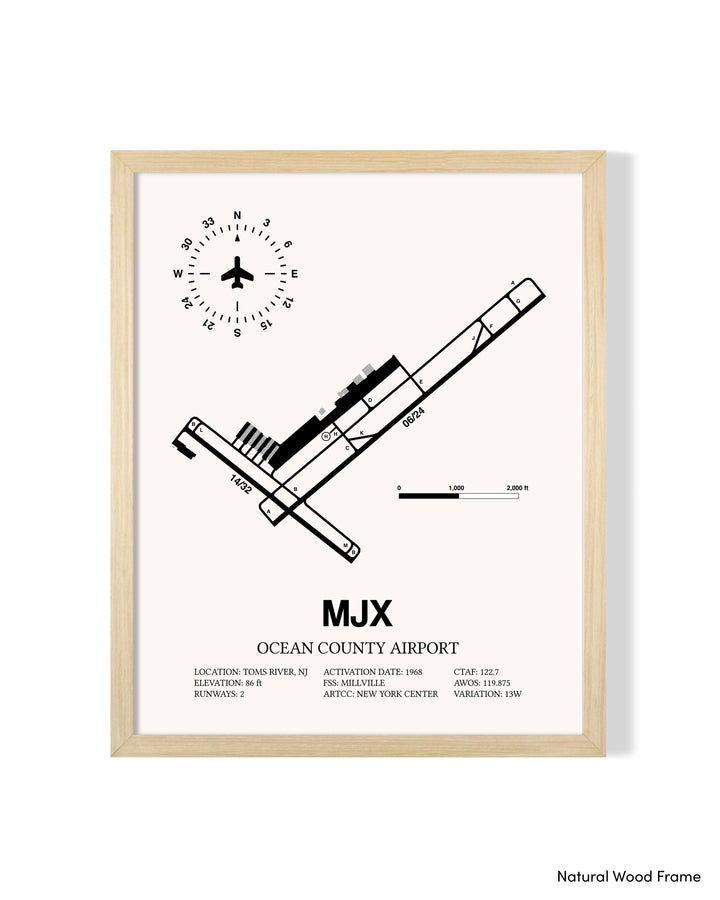 Detailed Airport Map of Ocean County Airport (MJX) in White with a Natural Frame