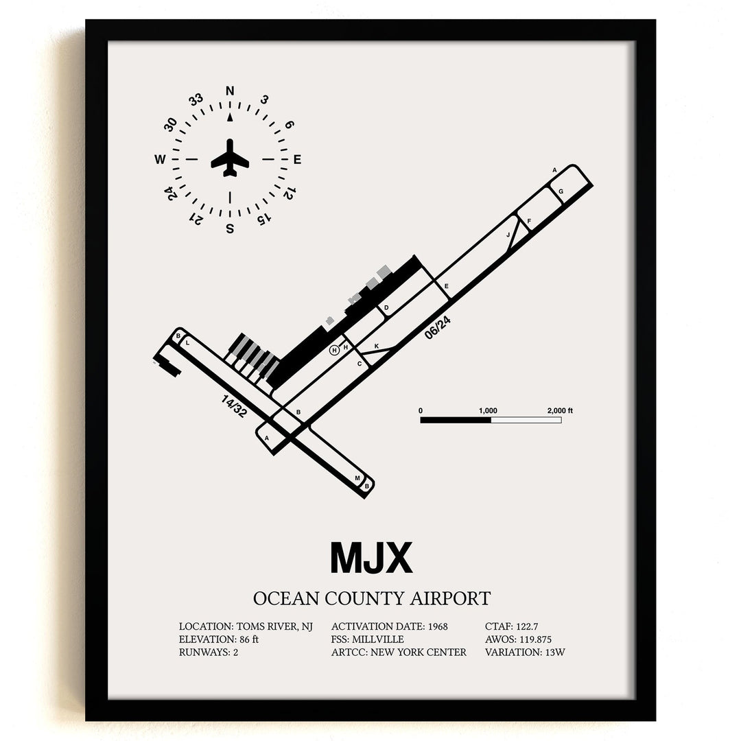 Framed Detailed Airport Map of Ocean County Airport (MJX) in White with a Black Frame