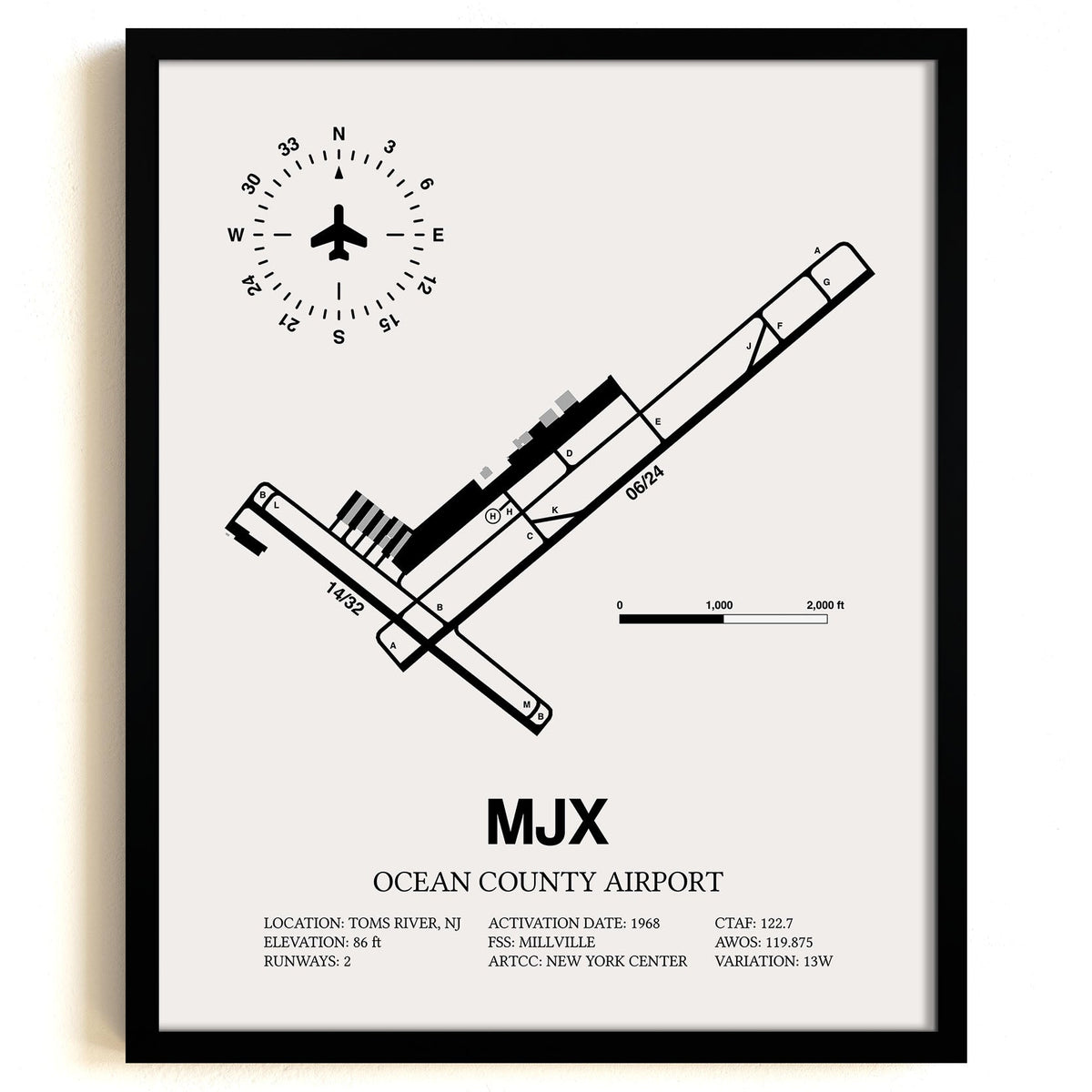 Framed Detailed Airport Map of Ocean County Airport (MJX) in White with a Black Frame