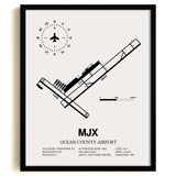 Framed Detailed Airport Map of Ocean County Airport (MJX) in White with a Black Frame