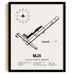 Framed Detailed Airport Map of Ocean County Airport (MJX) in White with a Black Frame