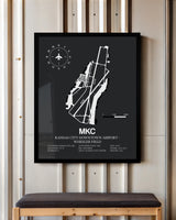 Framed Detailed Airport Map of Kansas City Downtown Airport - Wheeler Field (MKC) in Gray with a Black Frame