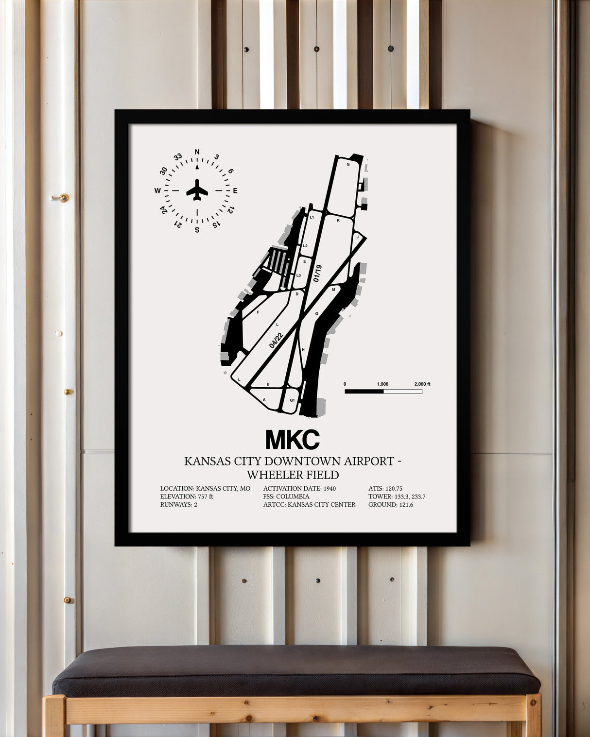 Framed Detailed Airport Map of Kansas City Downtown Airport - Wheeler Field (MKC) in White with a Black Frame