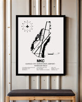 Framed Detailed Airport Map of Kansas City Downtown Airport - Wheeler Field (MKC) in White with a Black Frame