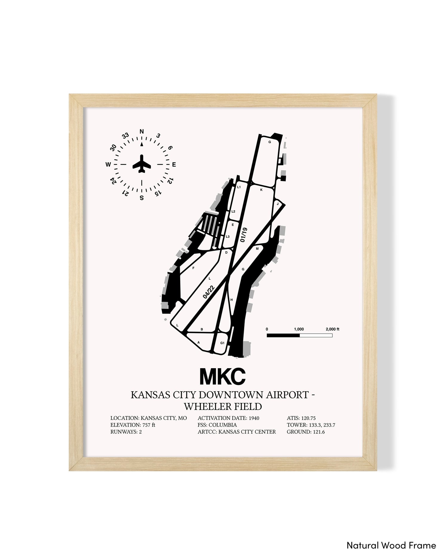 Detailed Airport Map of Kansas City Downtown Airport - Wheeler Field (MKC) in White with a Natural Frame