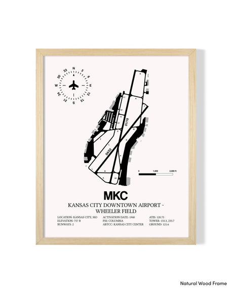 Detailed Airport Map of Kansas City Downtown Airport - Wheeler Field (MKC) in White with a Natural Frame
