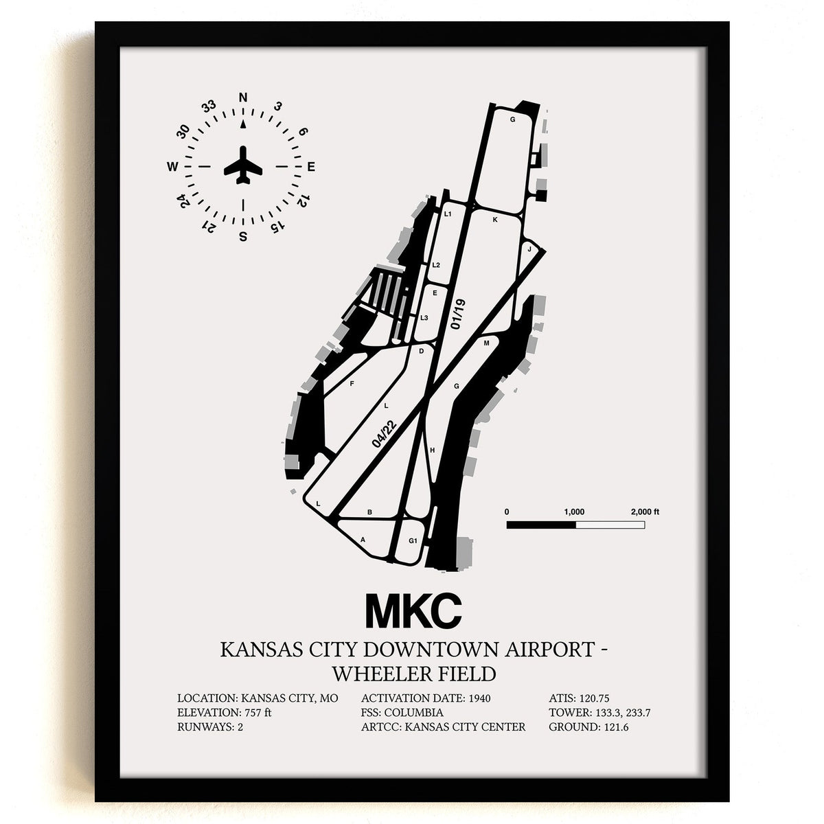 Framed Detailed Airport Map of Kansas City Downtown Airport - Wheeler Field (MKC) in White with a Black Frame