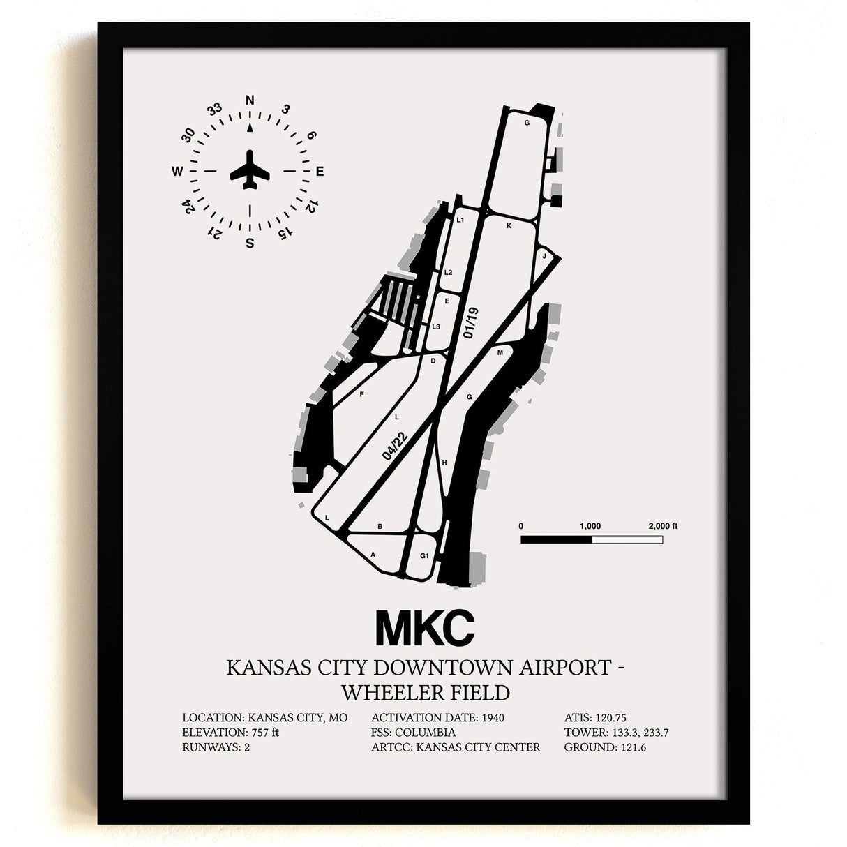 Framed Detailed Airport Map of Kansas City Downtown Airport - Wheeler Field (MKC) in White with a Black Frame