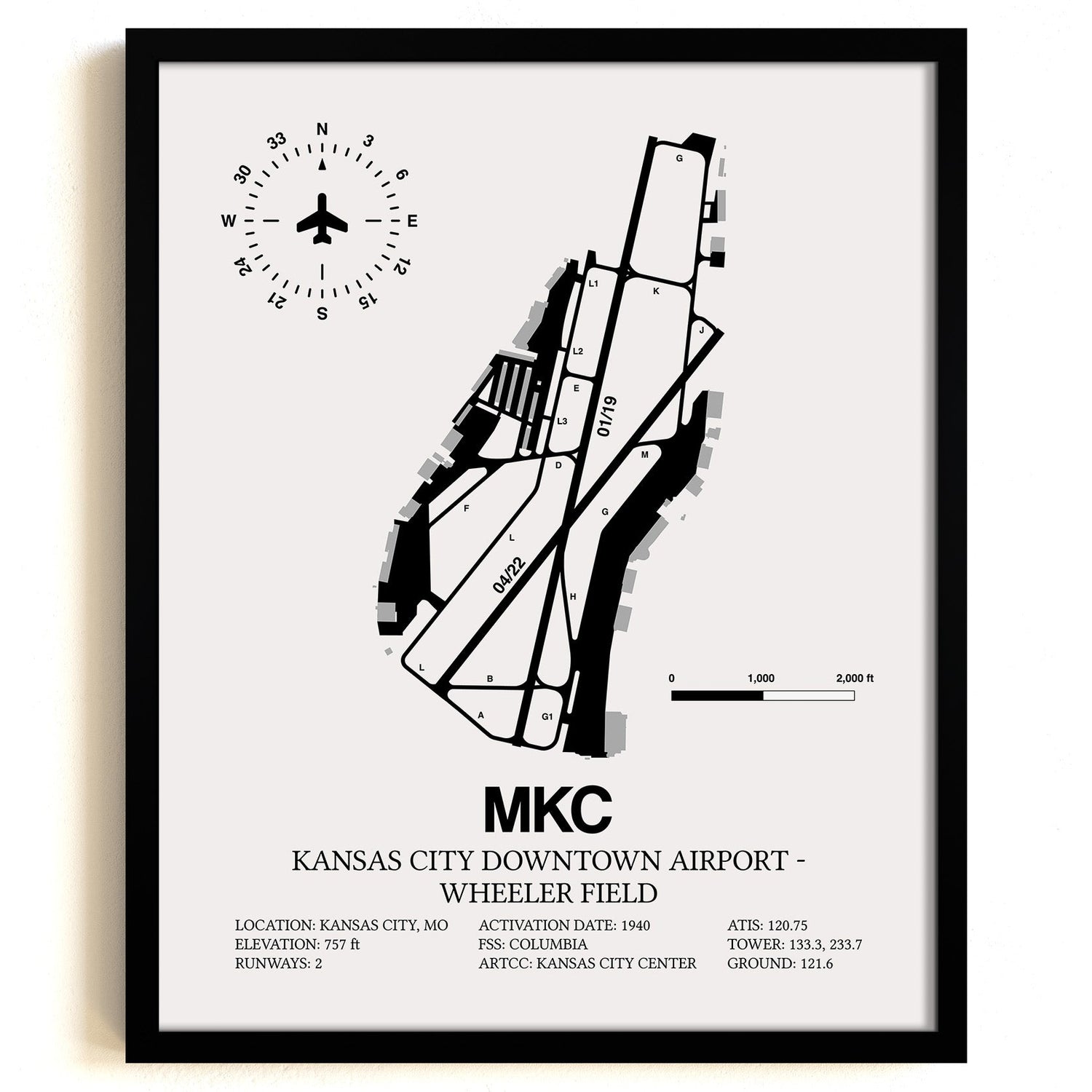 Framed Detailed Airport Map of Kansas City Downtown Airport - Wheeler Field (MKC) in White with a Black Frame