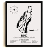 Framed Detailed Airport Map of Kansas City Downtown Airport - Wheeler Field (MKC) in White with a Black Frame