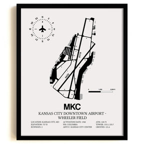 Framed Detailed Airport Map of Kansas City Downtown Airport - Wheeler Field (MKC) in White with a Black Frame