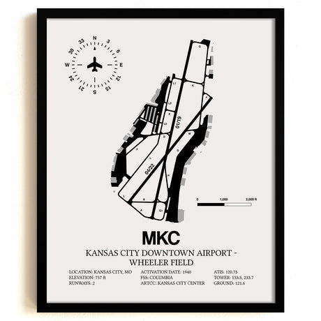 Framed Detailed Airport Map of Kansas City Downtown Airport - Wheeler Field (MKC) in White with a Black Frame
