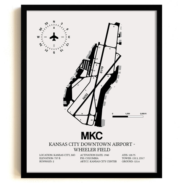 Framed Detailed Airport Map of Kansas City Downtown Airport - Wheeler Field (MKC) in White with a Black Frame