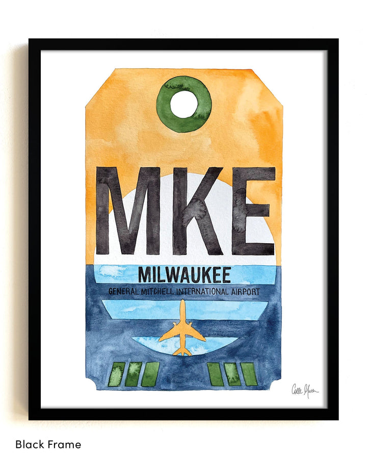 Framed Watercolor Print of General Mitchell International Airport (MKE) with a Black Frame