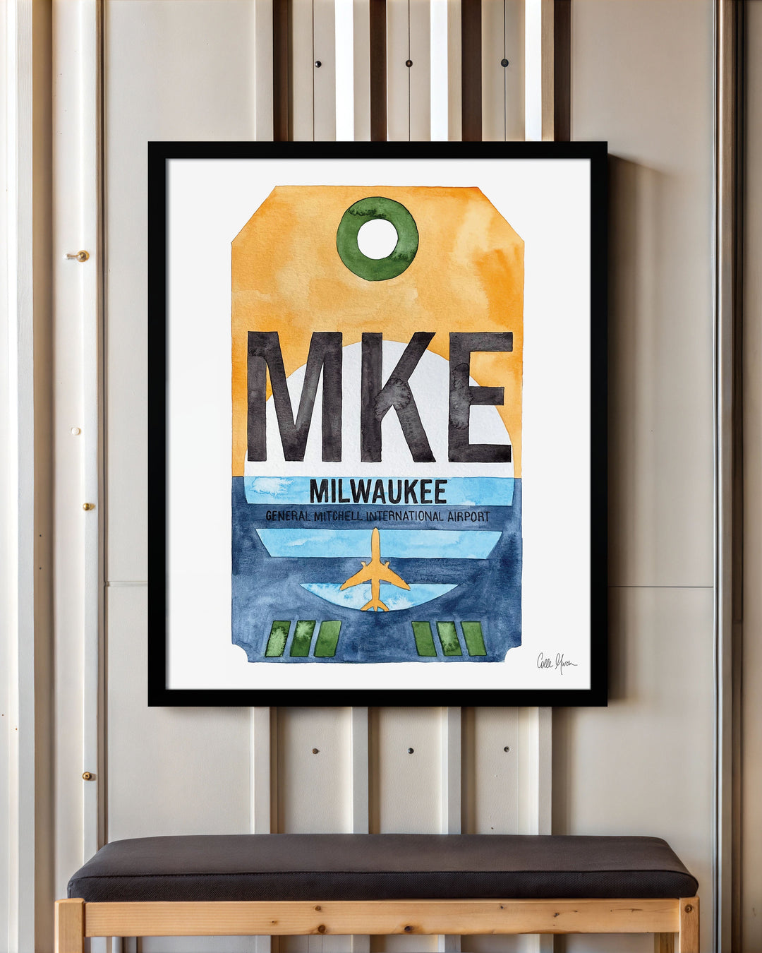 Framed Watercolor Print of General Mitchell International Airport (MKE) with a Black Frame