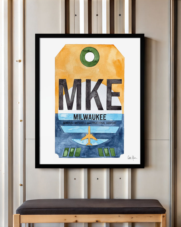 Framed Watercolor Print of General Mitchell International Airport (MKE) with a Black Frame