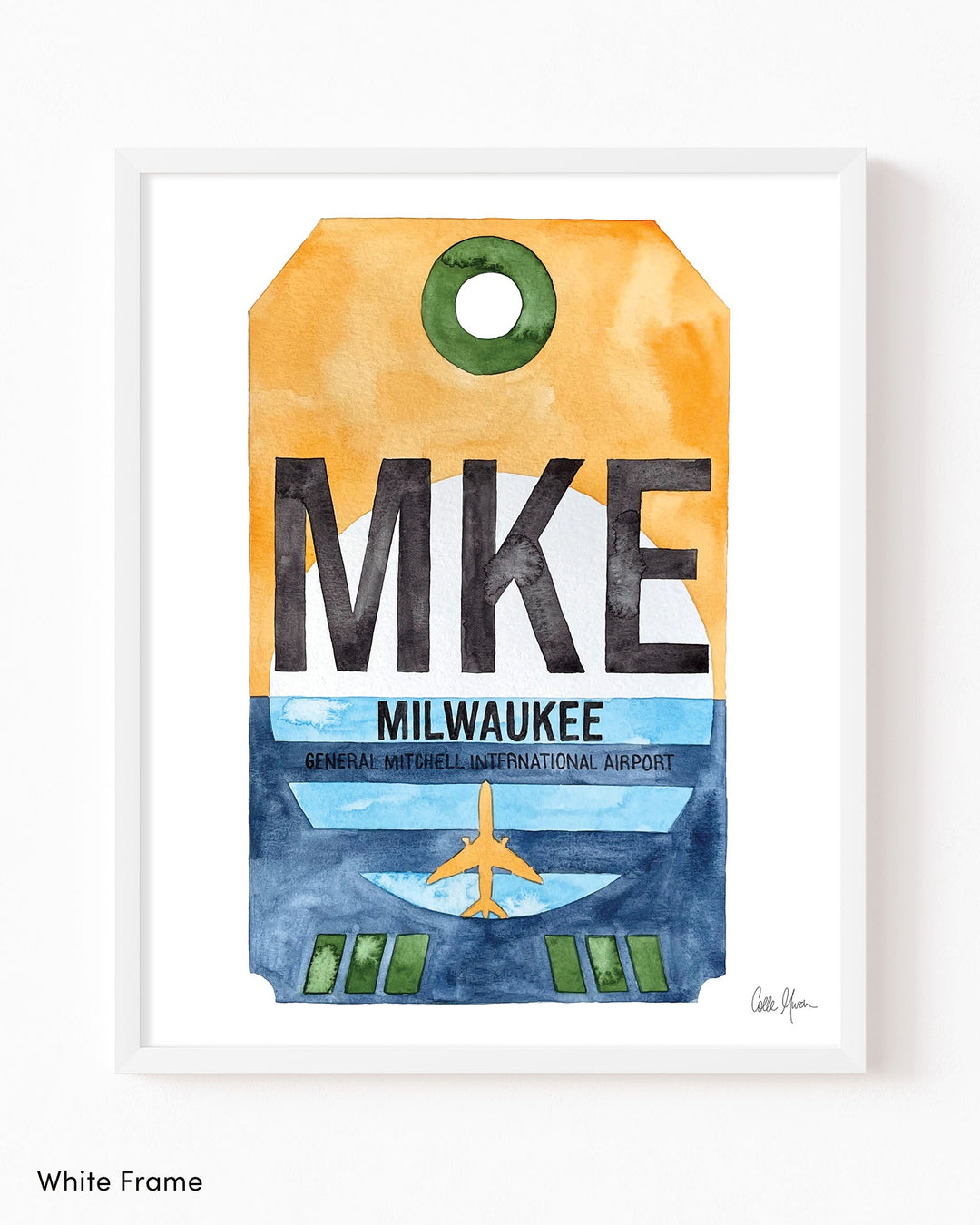 Framed Watercolor Print of General Mitchell International Airport (MKE) with a White Frame
