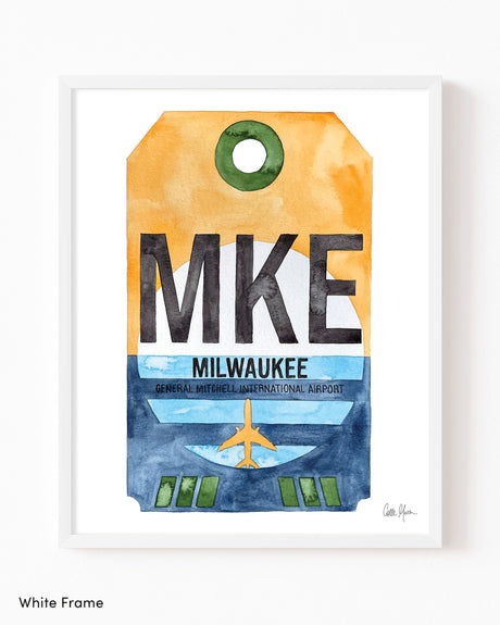 Framed Watercolor Print of General Mitchell International Airport (MKE) with a White Frame
